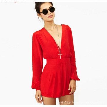 OEM Últimas Mulheres Red Lady Chiffon Jumpsuit Long Sleeve Ladies Romper